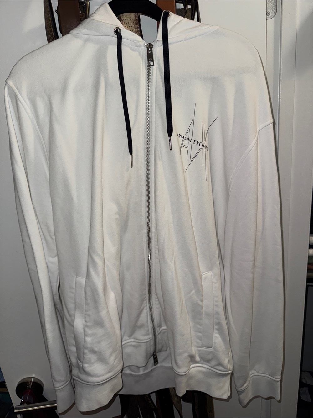 Armani Exchange White Hoodie with Black Drawstrings